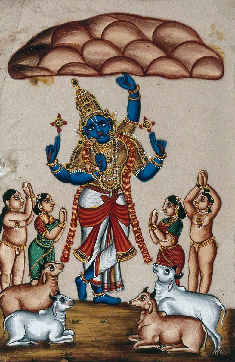 Krishna Lifting Mount Govardhan to Protect the Village