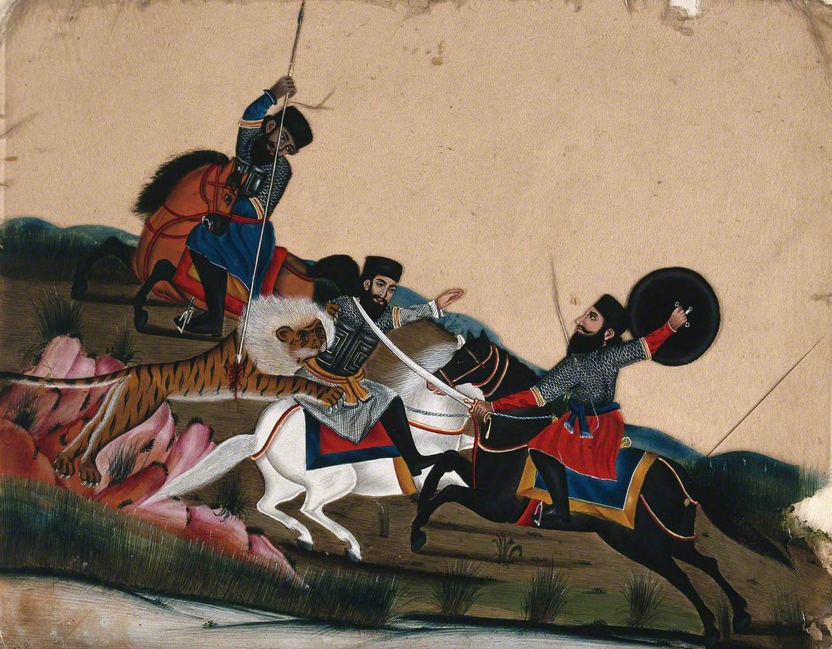 A Man on a White Horse Being Attacked by a Tiger with the Two Other Men Rushing to Save Him