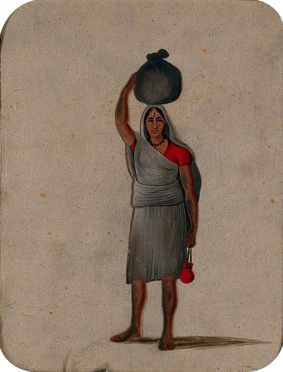 A Woman with a Vishnu Mark on Her Forehead Carrying a Cloth Bundle on Her Head