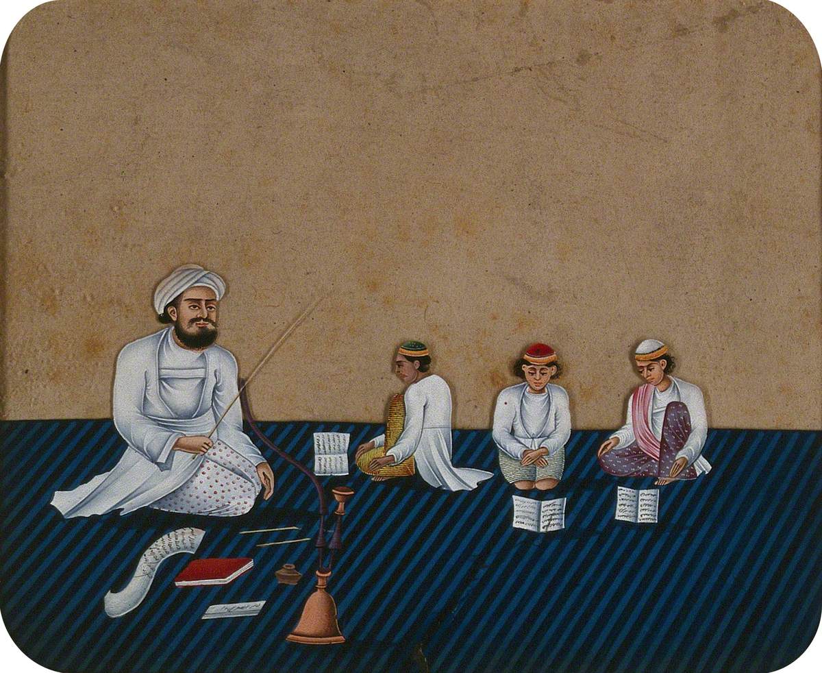 A Teacher Sitting on the Carpet with a Hookah Pipe and Some Books Teaching Three Children