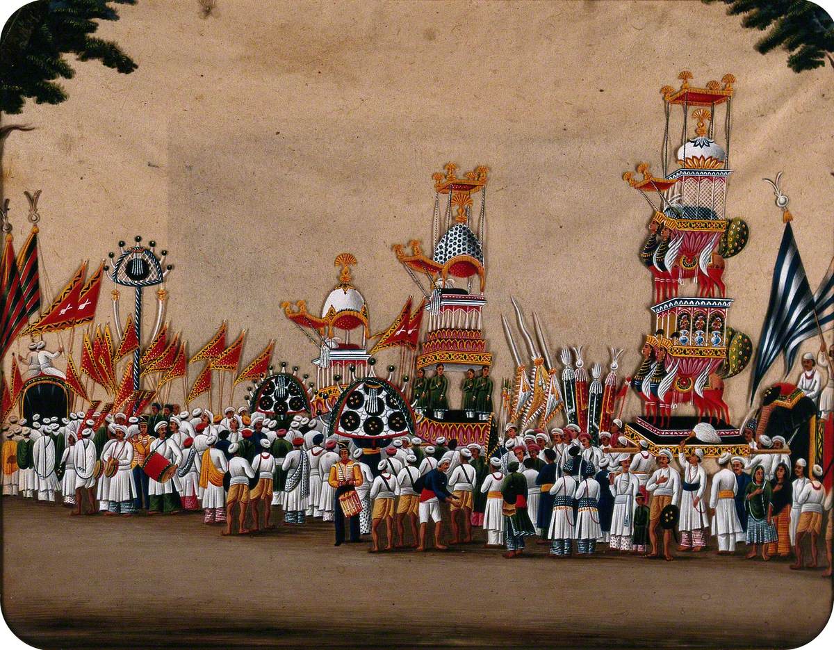 Festival of Muḥarram: A Procession of Musicians, People Carrying Pennants and Replicas of the Martyrs' Tombs