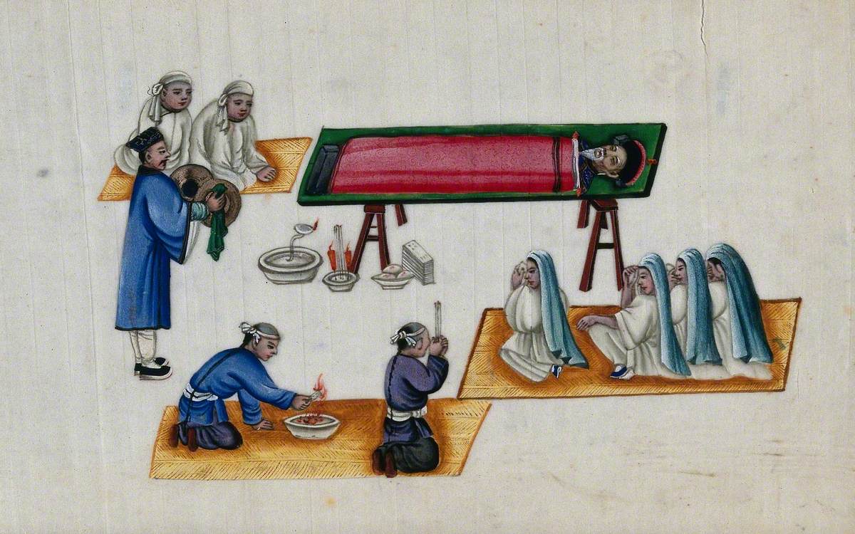 A Recumbent Chinese Man Surrounded by Women in Prayer and Other Attendants Burning Incense