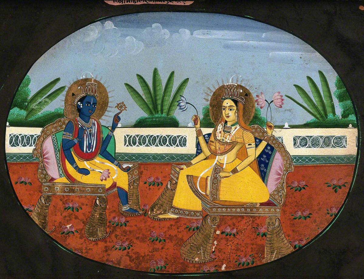 Vishnu and Lakshmi (?) Seated on Golden Thrones, across Each Other