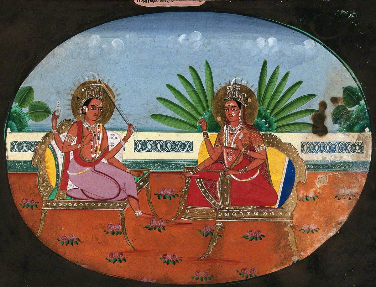 A Three-Eyed Hindu Deity with Four Arms Sitting across a Goddess with Four Arms Holding Rosary Beads