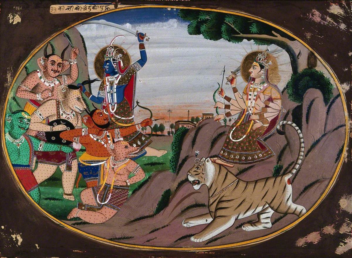 An Eight-Armed Goddess, Durga (?), Standing on a Tiger's Head Faces a Group of Demons as One of Them Is Attacked by a Blue-Skinned Goddess