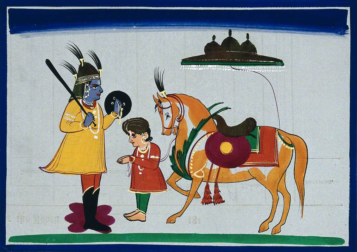 Indian Mythological Story with a Guard (?) Halting a Young Prince (?) Who Is Leading a Horse