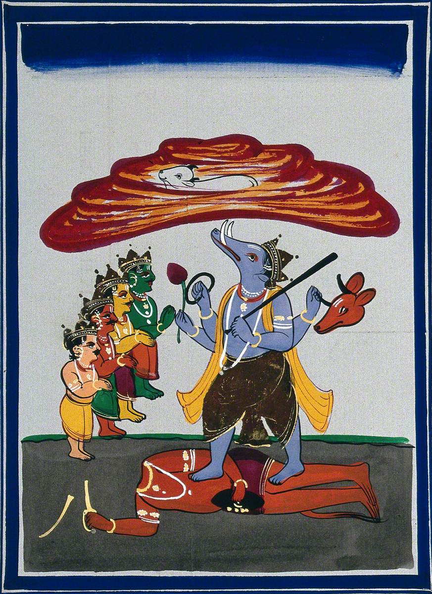 Vishnu in His Avatar as Varaha Slaying the Demon Hiryanyaksa to Save the Earth