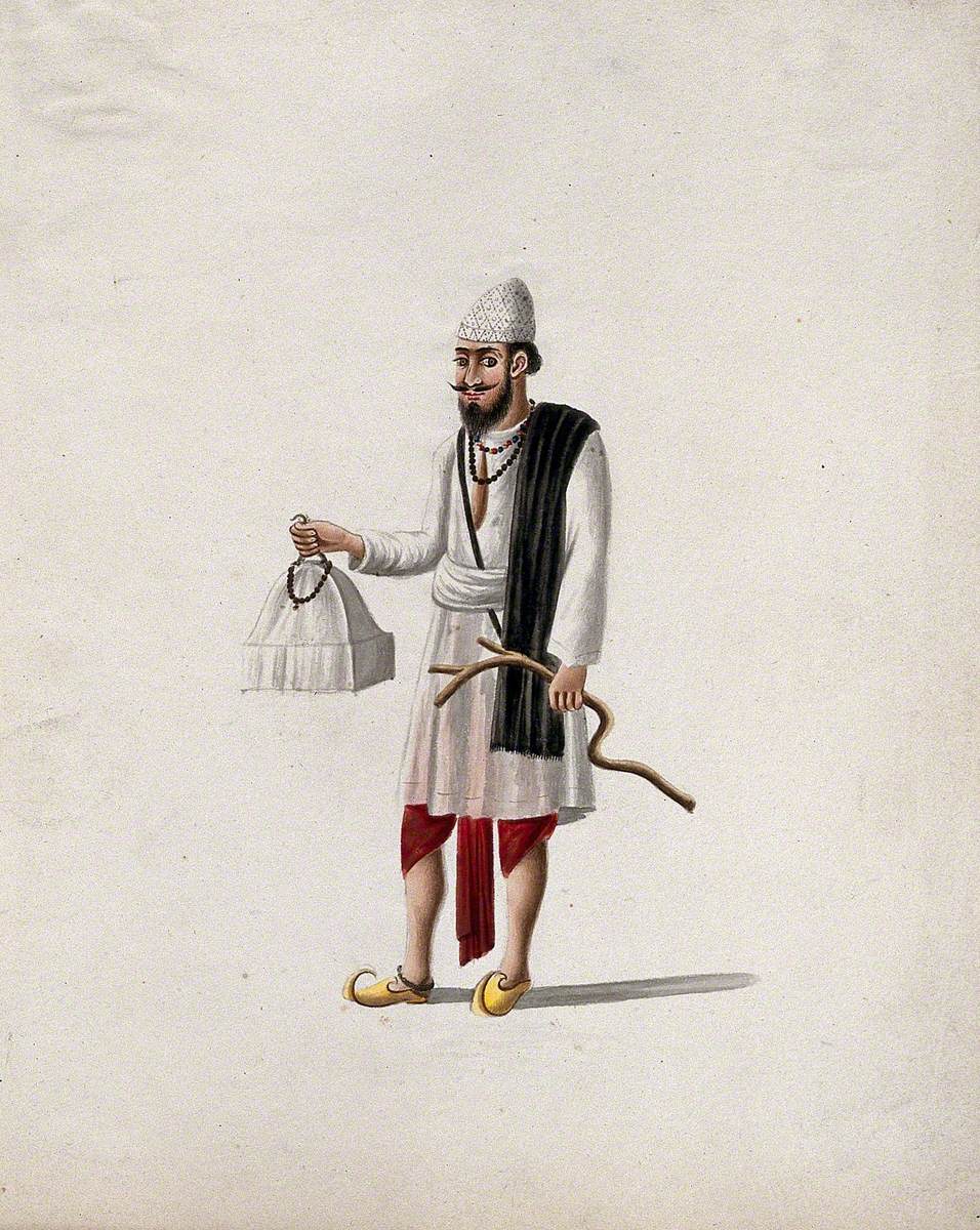 A Man Carrying a Model of a Tomb (?), Decorated with Prayer Beads