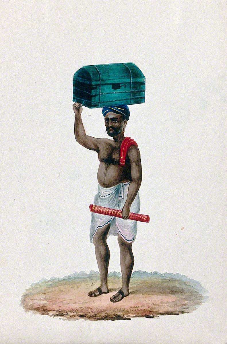 A Coolie (Porter) Carrying a Chest on Top of His Head