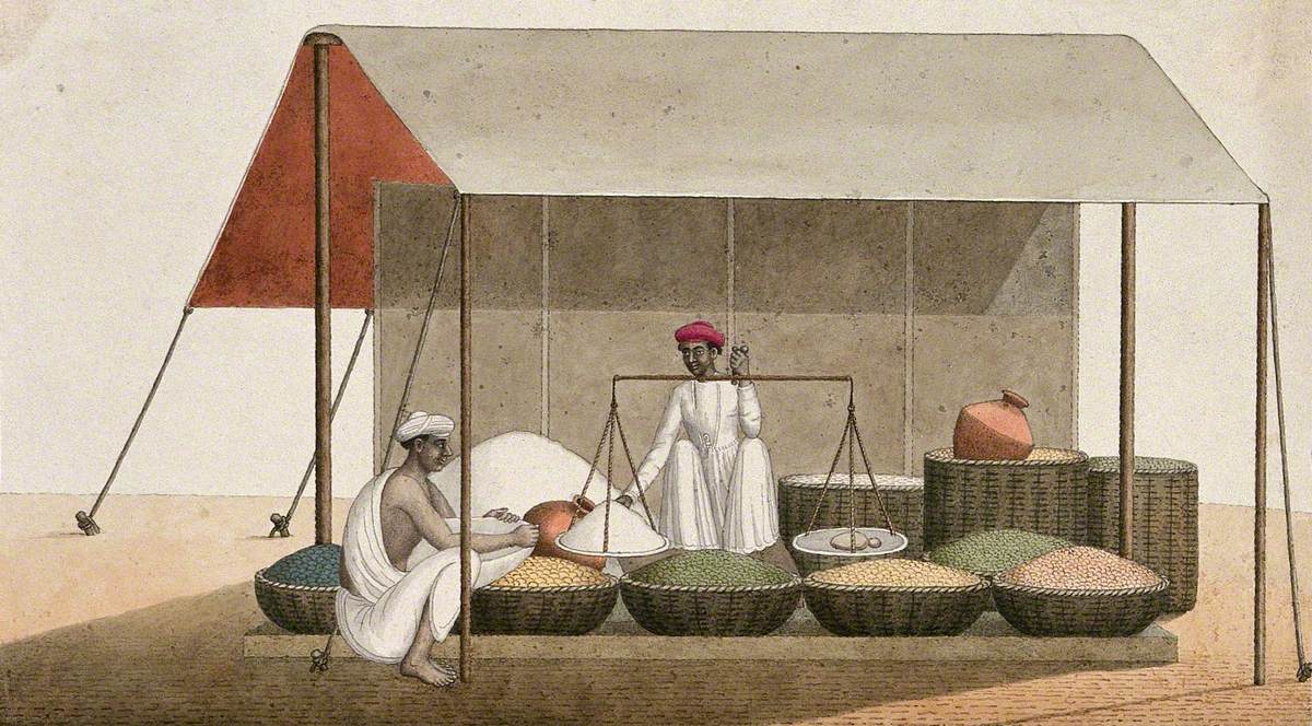 A Shopkeeper Weighing Grains for a Customer