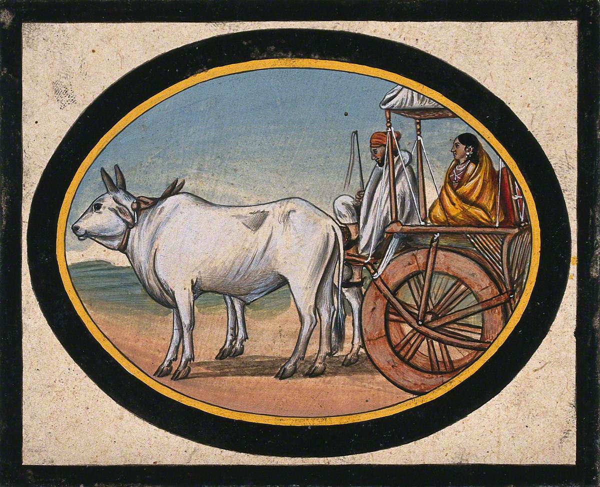 A Woman in a Yellow Sari, Riding in a Carriage Drawn by Bullocks