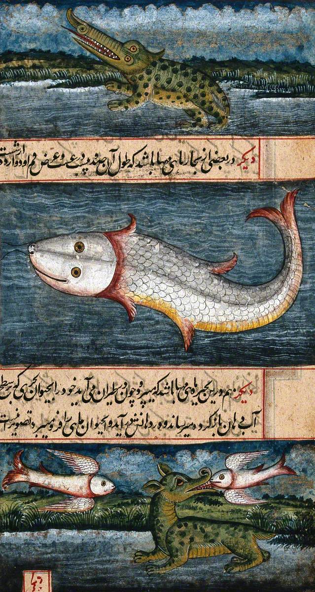 A Crocodile, a Gigantic Fish and a Sea Monster Flanked by Two Flying Fish