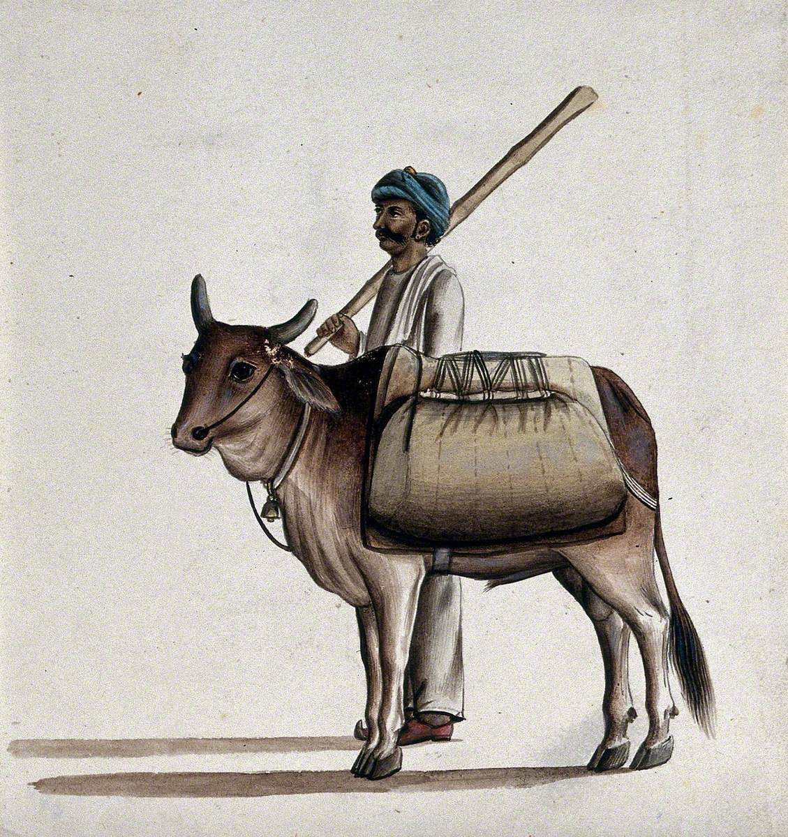 A Man Holding a Stick Standing beside an Ox Carrying a Load | Art UK