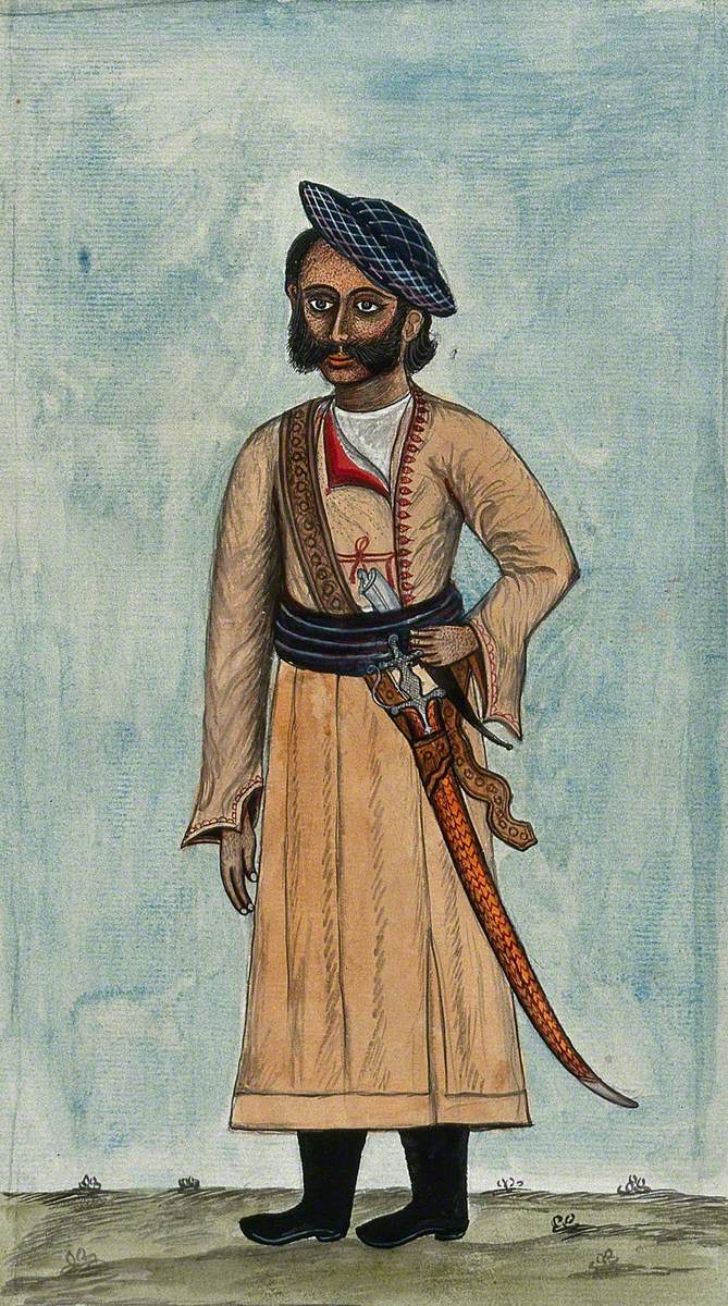 A Man Wearing a Mughal Dress with Boots and an English Cap Art UK