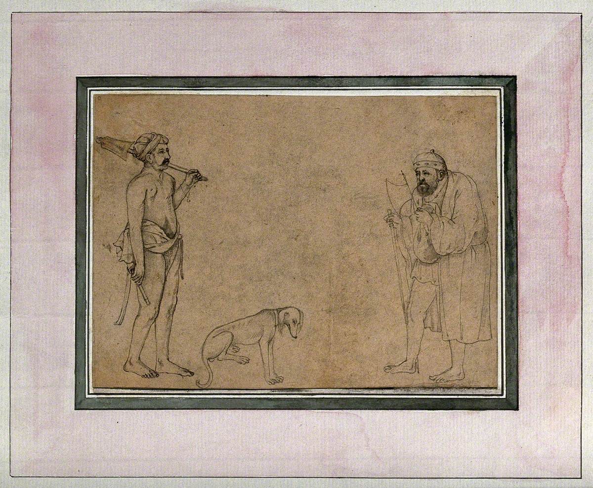 An Indian Labourer Encounters a Old Man with a Stick and a Fan, a Dog Sits Down in the Space between Them