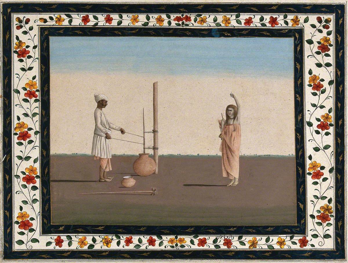 A Man Churning Milk whilst a Sadhu (Holy Man) Stands in front of Him