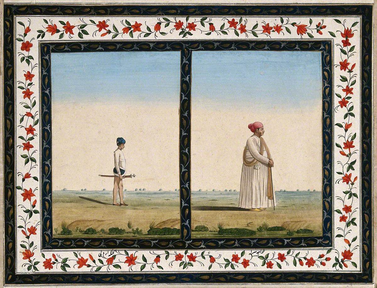 Left, a Sepoy, Native Soldier; Right, a Official Holding an Stick