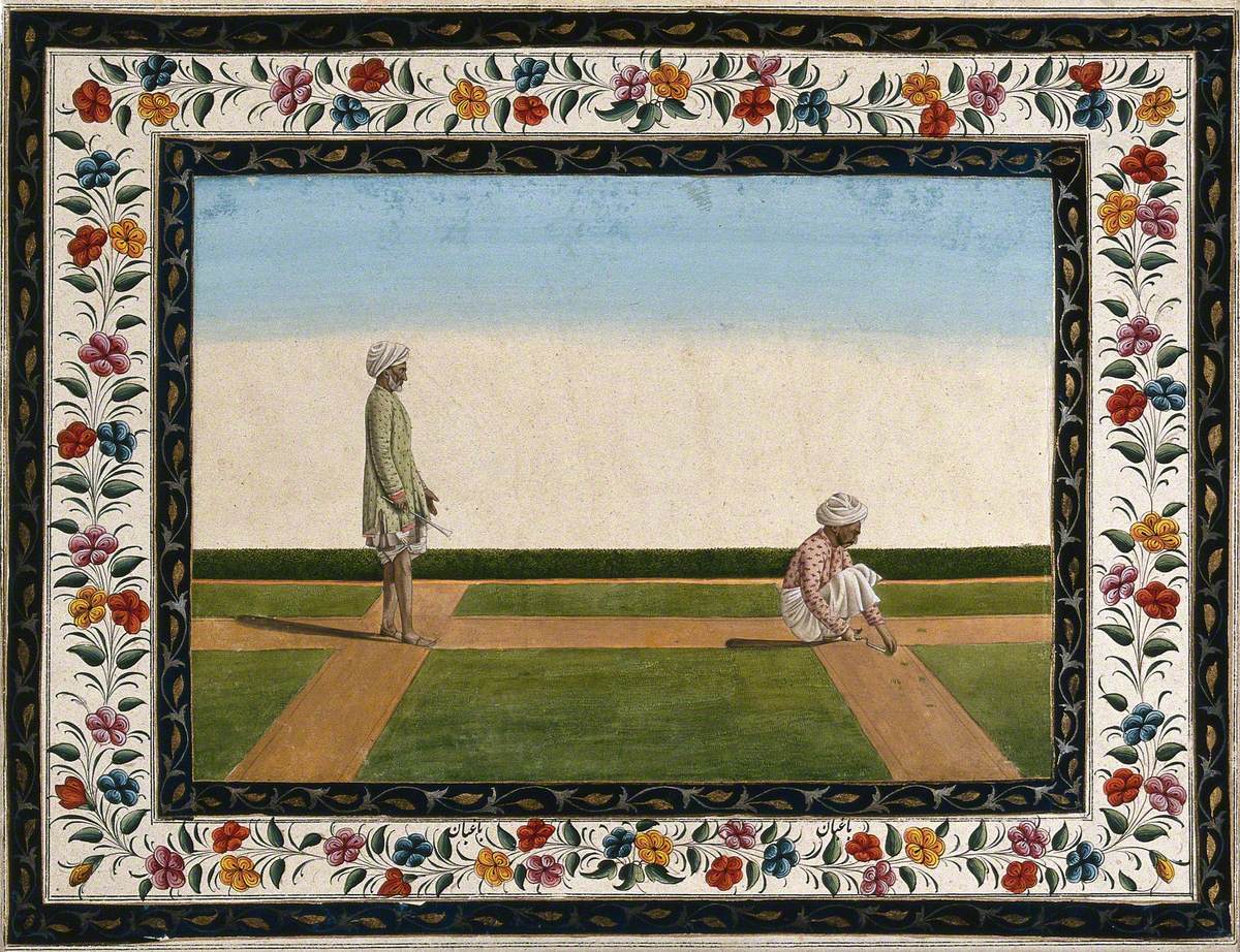 Two Indian Men, Gardeners (?): Left, a Standing Man Holding an Instrument; Right, a Man Squatting, Trimming the Edge of a Lawn
