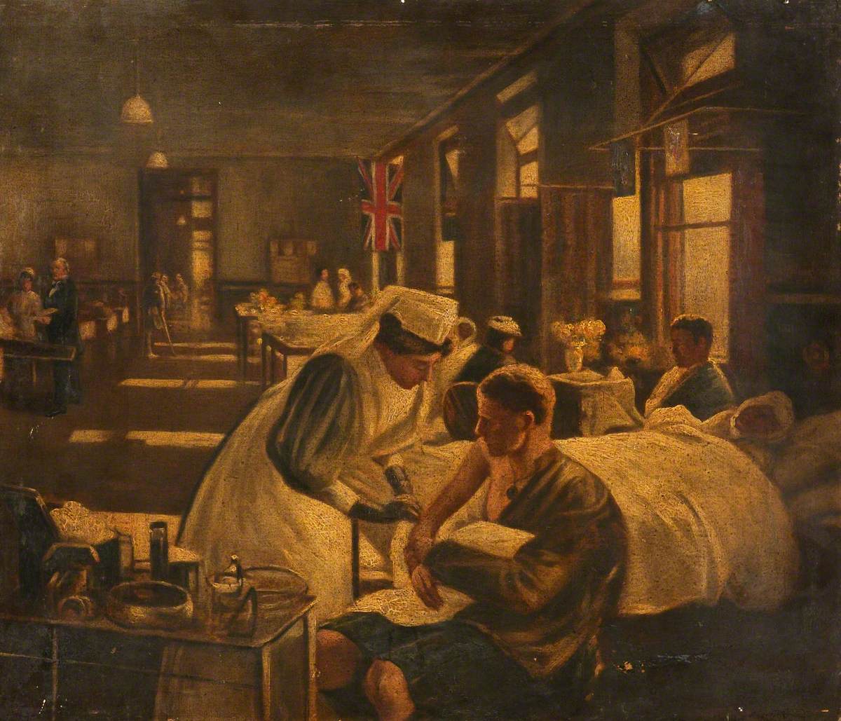 First World War: A Ward in The London Hospital in which a Nurse Tends a Soldier's Arm while Other Soldiers Lie in Bed