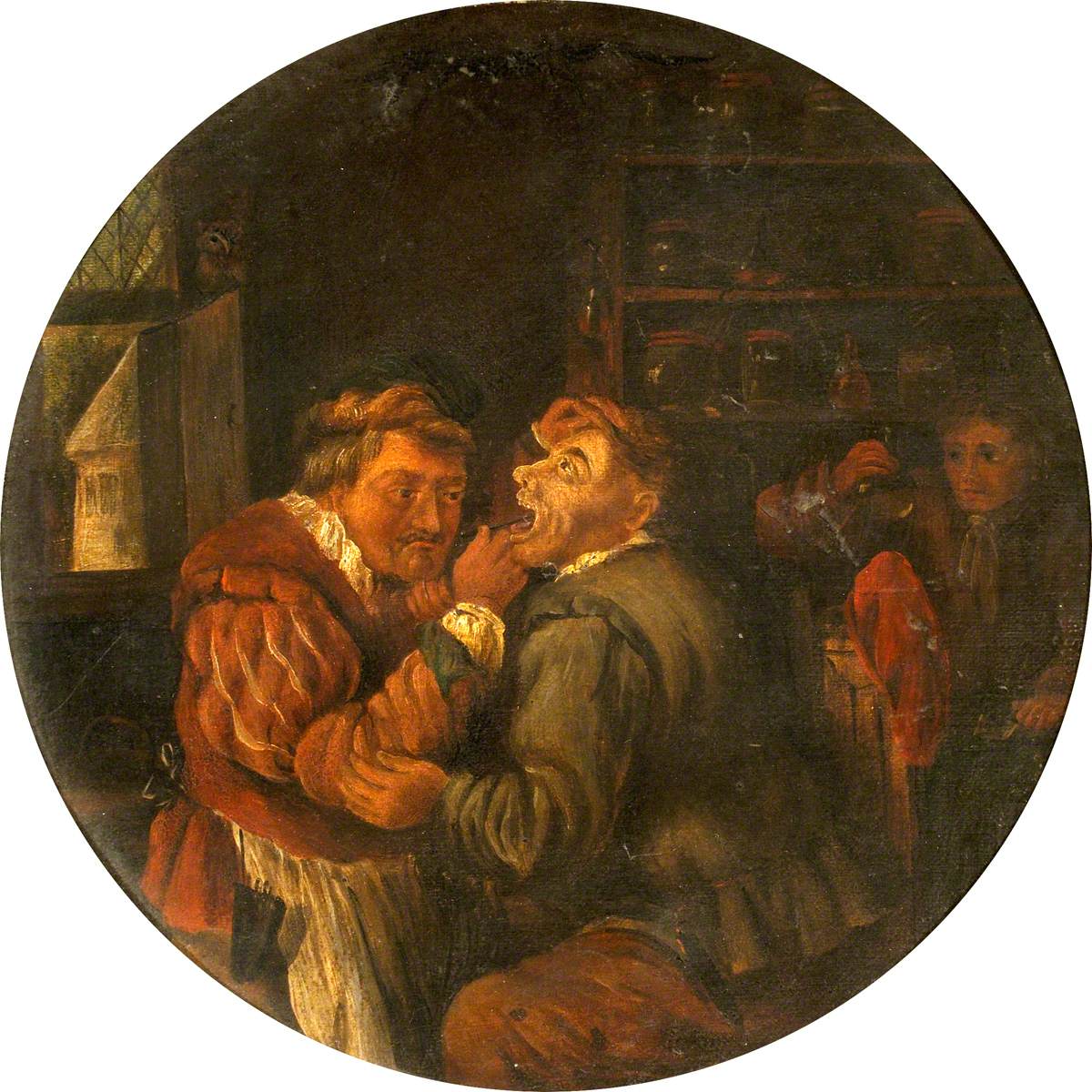A Surgeon Attending to a Man's Tooth and a Man Examining a Urine Flask to the Right