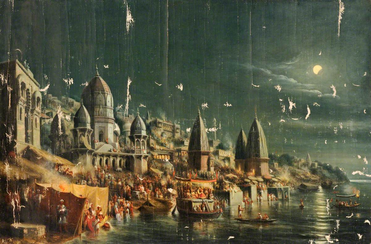Vārānasi (Benares), Uttar Pradesh: Ghats and Temples on the Ganges Frequented by Crowds, at Night