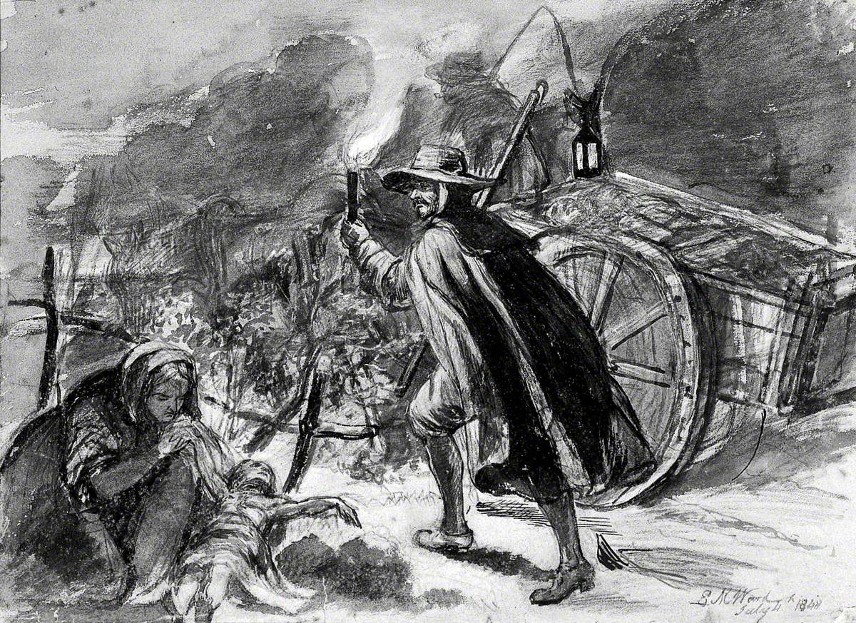 A Man with a Torch Walking alongside a Cart of Plague Victims; a Woman is Holding a Dead Child