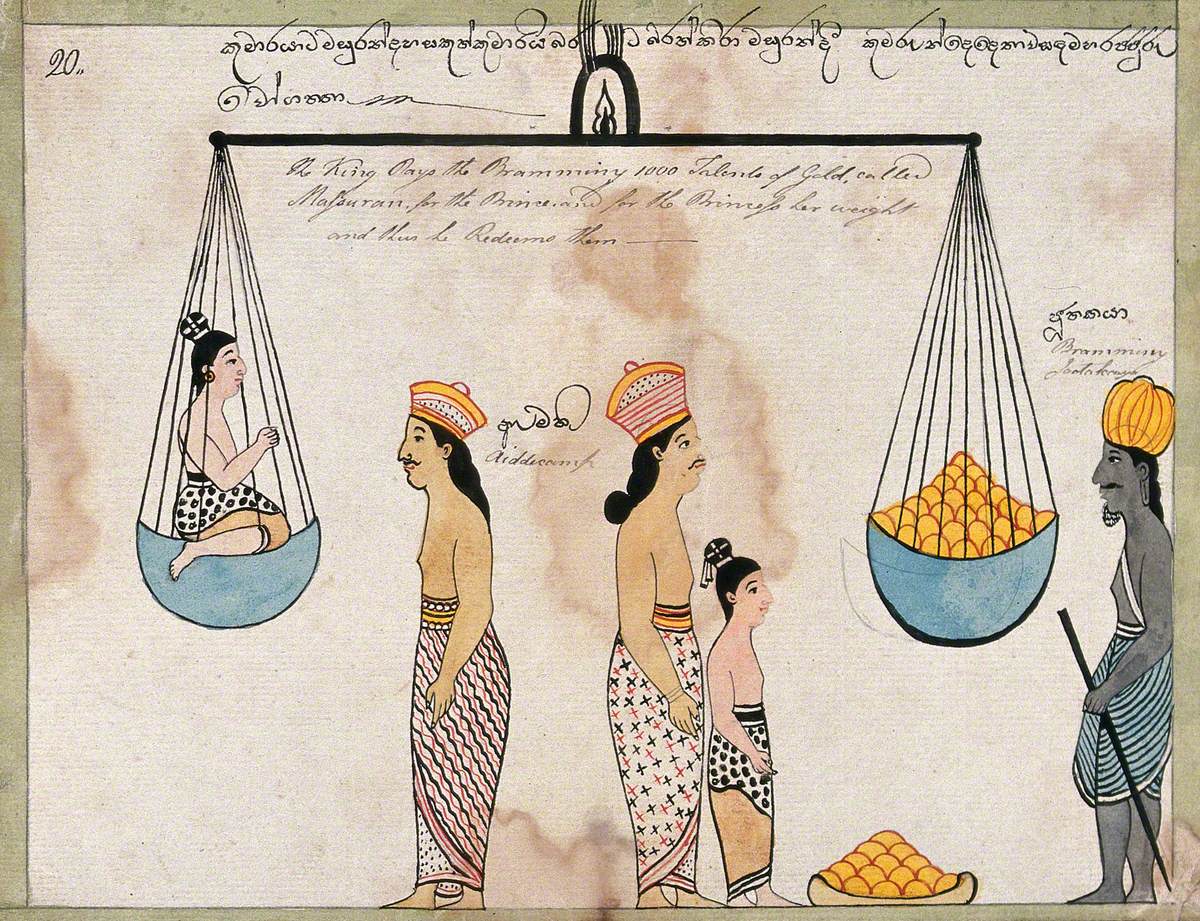 King Sanjaya Redeems the Children of Vessantara, Paying to the Brahmin the Weight of the Girl in Gold