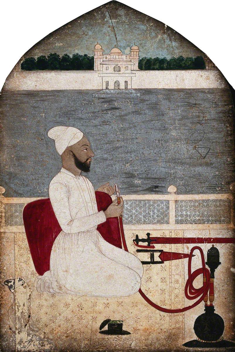 A Man Smoking a Hookah; a River Beyond