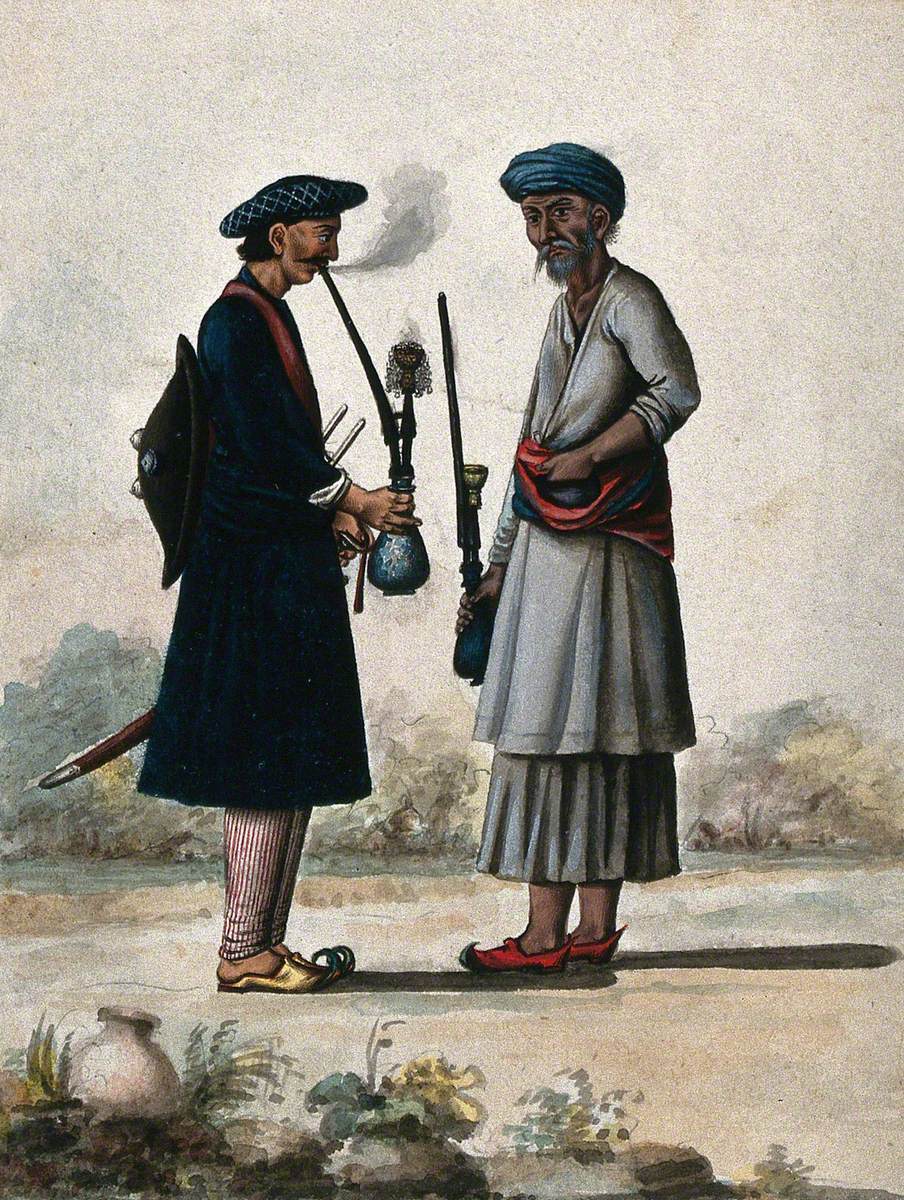 Two Standing Men Holding Hookahs