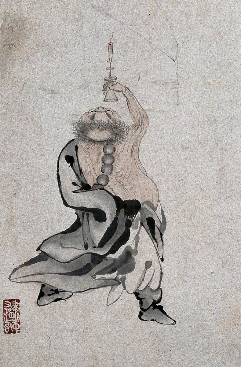 A Standing Chinese Man Seen from behind Holding a Candle above His Head