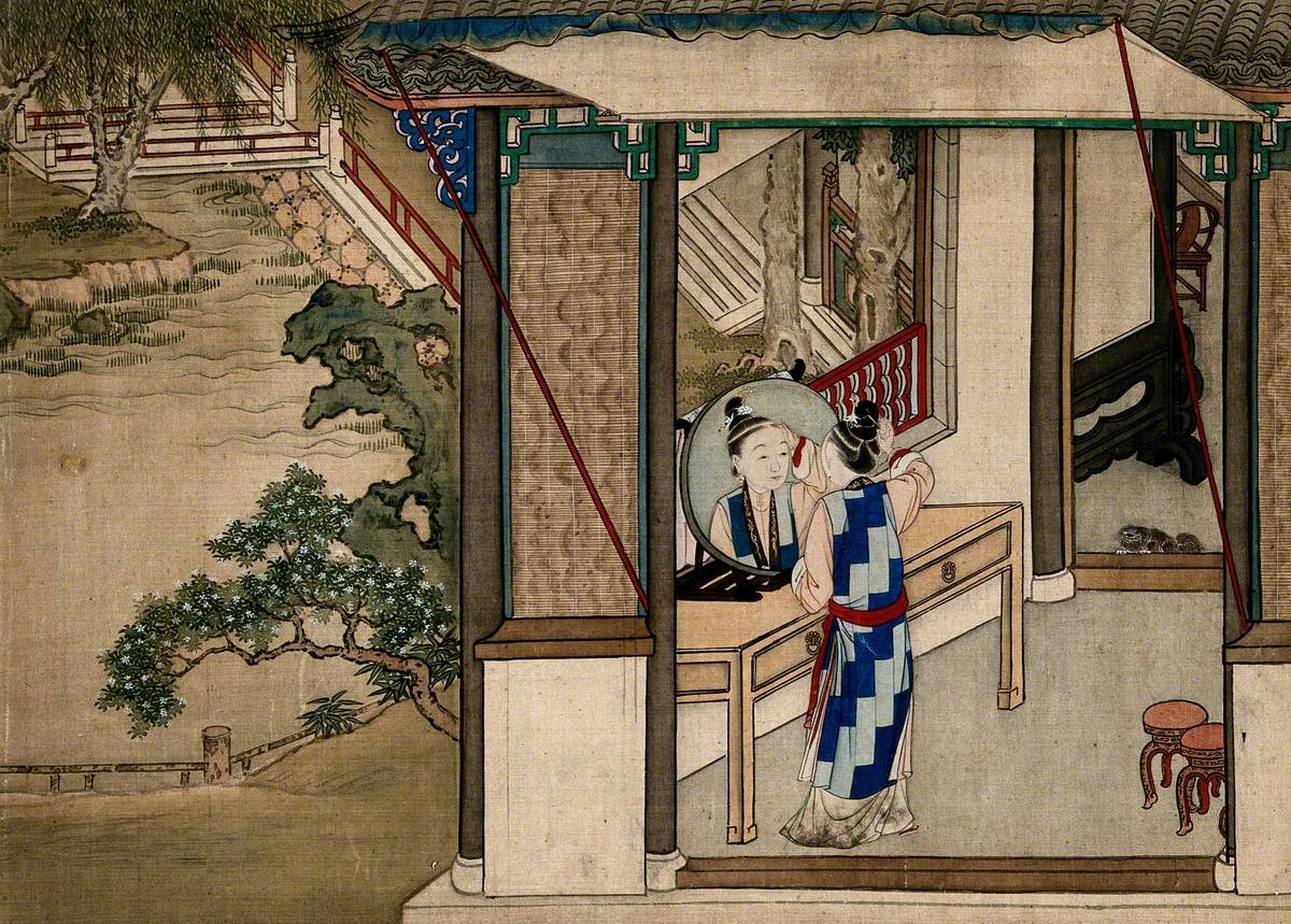 A Chinese Lady Asleep Indoors, a Maid Stands by a Willow Tree Outside