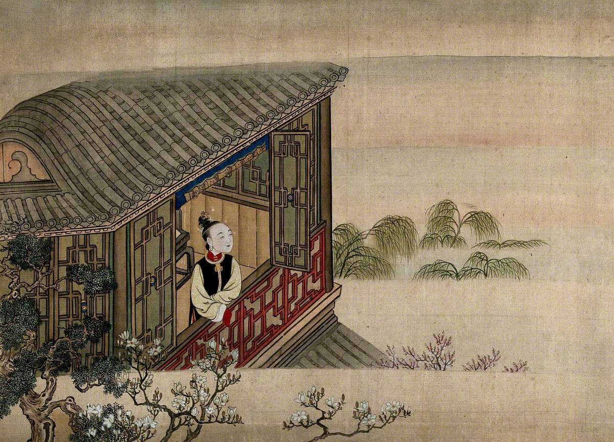A Chinese Lady Standing and Looking from an Open Window towards Trees in a Misty Landscape