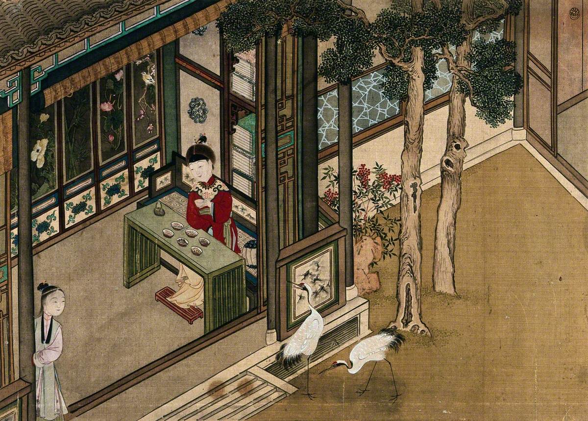 A Seated Chinese Lady in a Red Dress Takes a Meal from Six Small Bowls
