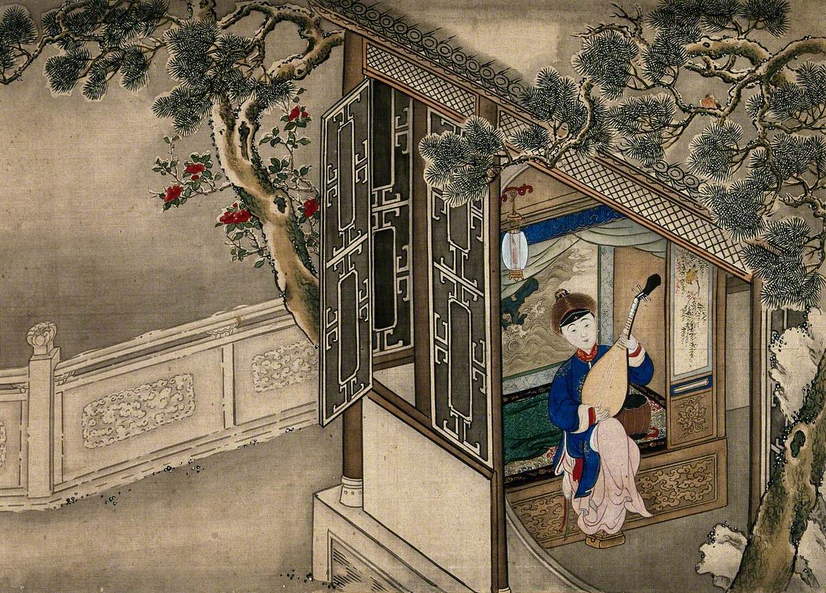 A Seated Chinese Lady Playing a String Instrument at an Open Window