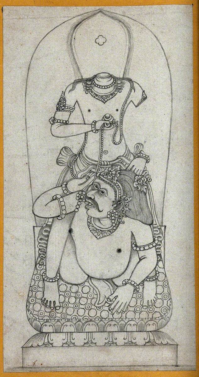 Temple Sculpture: A Headless Figure Standing over a Crouching Man