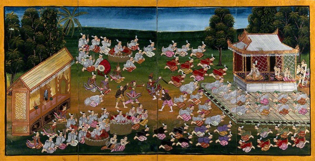 Musicians and Dancers Perform while Courtiers Pay Homage to a King, Burma