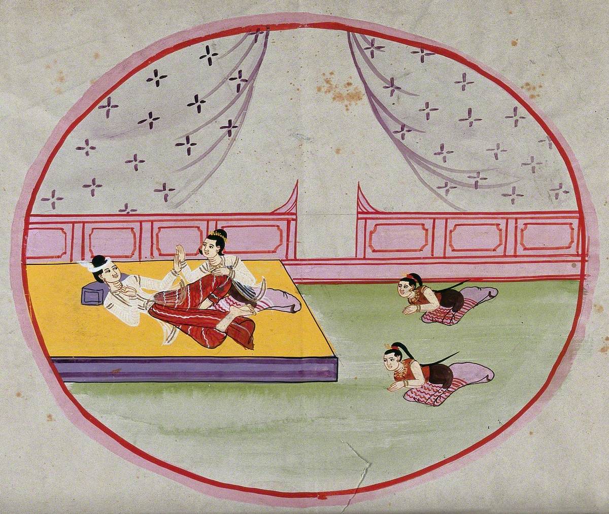 Two Figures Reclining on a Bed in a Palace while Two Servants Pay Homage, Burma