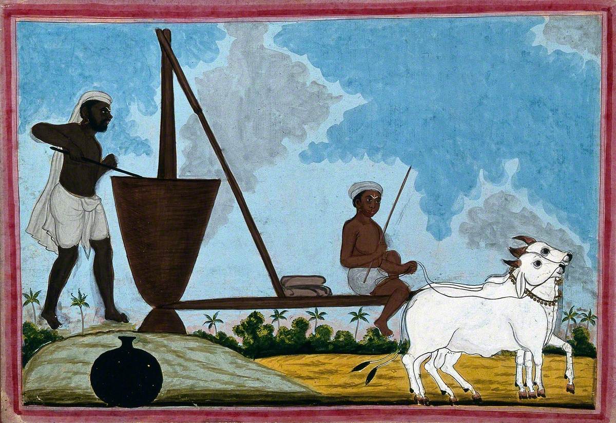 Two Men, Perhaps Milling Foodstuffs in a Vat, with a Millwheel Driven by Two Oxen