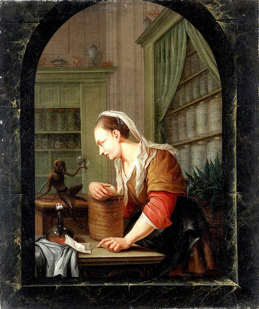 A Woman in a Pharmacy with a Urine Flask and a Monkey Holding an Empty Flask, at a Casement