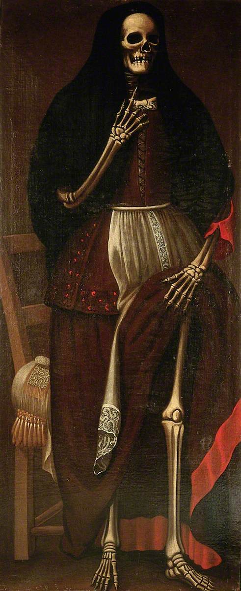 A Skeleton as a Woman Wearing a Brown and Red Dress and a Black Headdress
