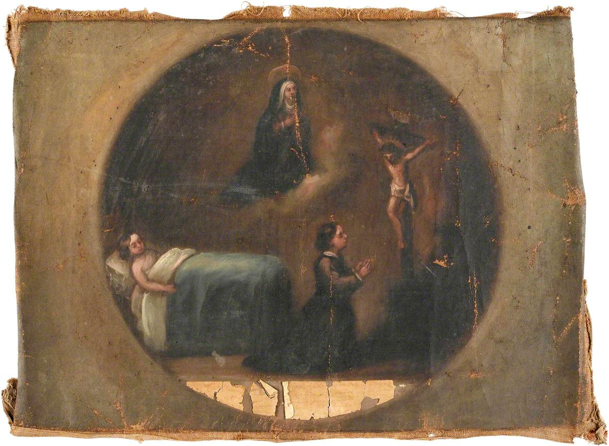 Votive Picture: A Woman Praying to Christ Crucified for the Health of a Sick Child in Bed, the Virgin Above