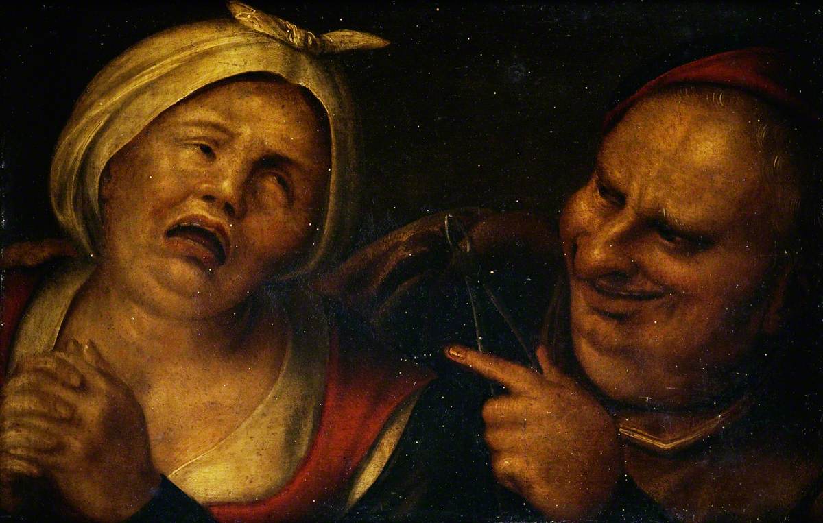 A Fat Man Pointing to a Woman with Her Hands Clasped