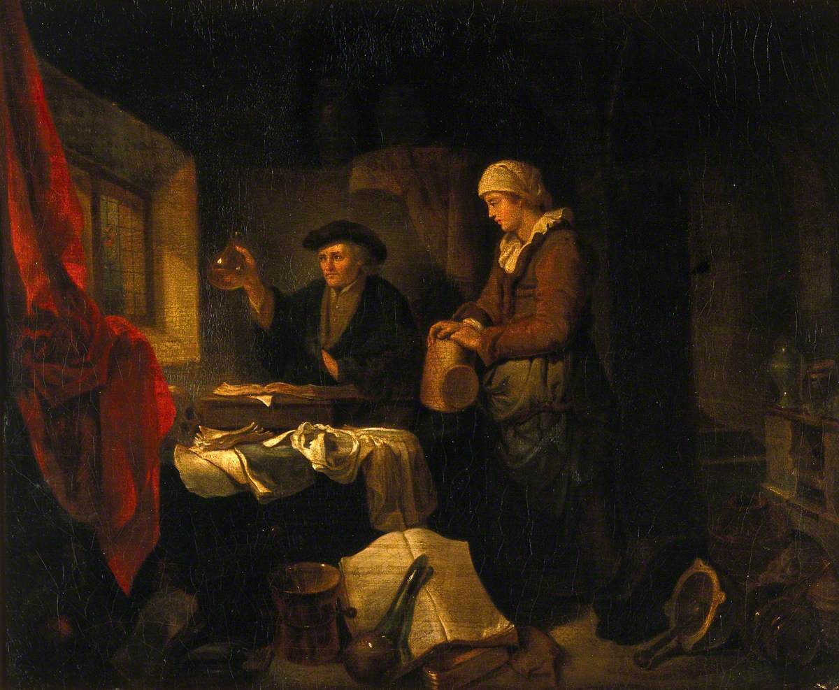 A Physician Examining a Urine Flask Brought by a Young Woman