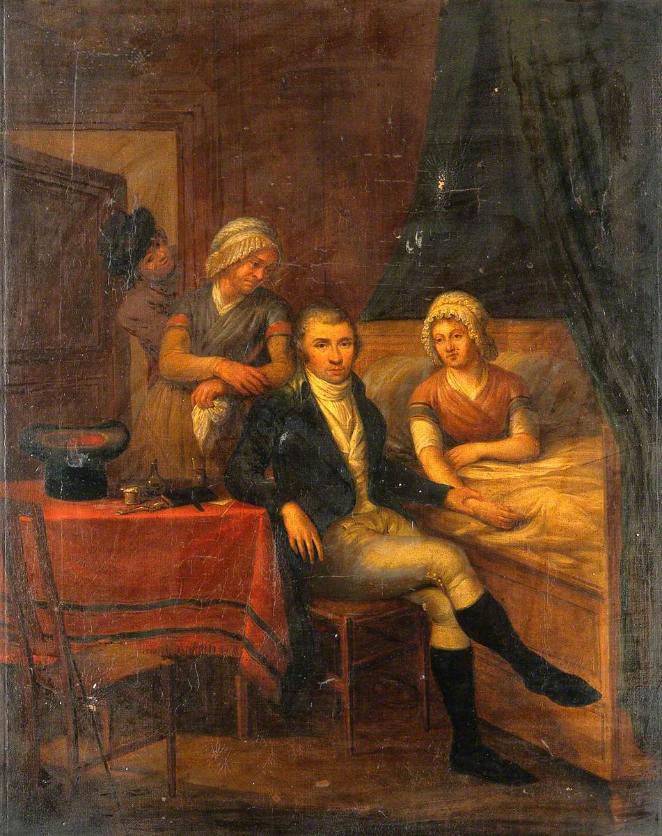 A Physician Taking the Pulse of a Woman, Who Sits in Bed, in the Presence of Two Other Figures