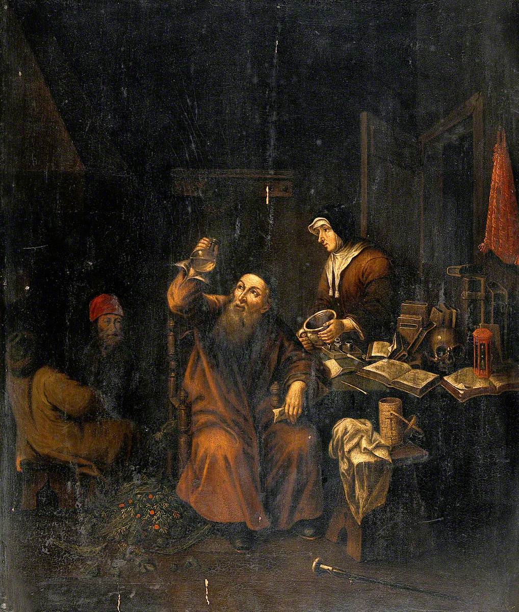 A Physician Examining a Urine Flask Brought by a Woman