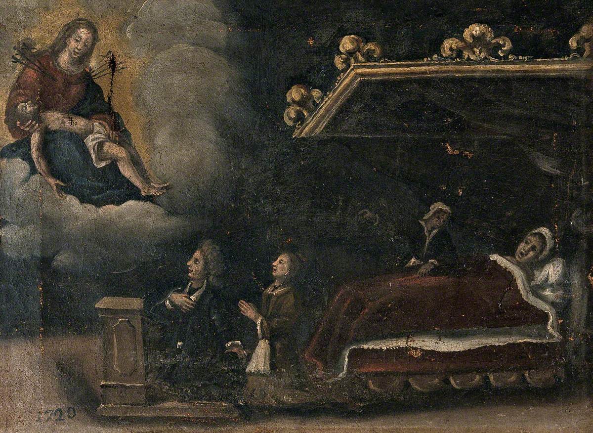 A Man and Woman Praying to the Virgin and Christ, with a Woman in Bed Attended by a Nurse