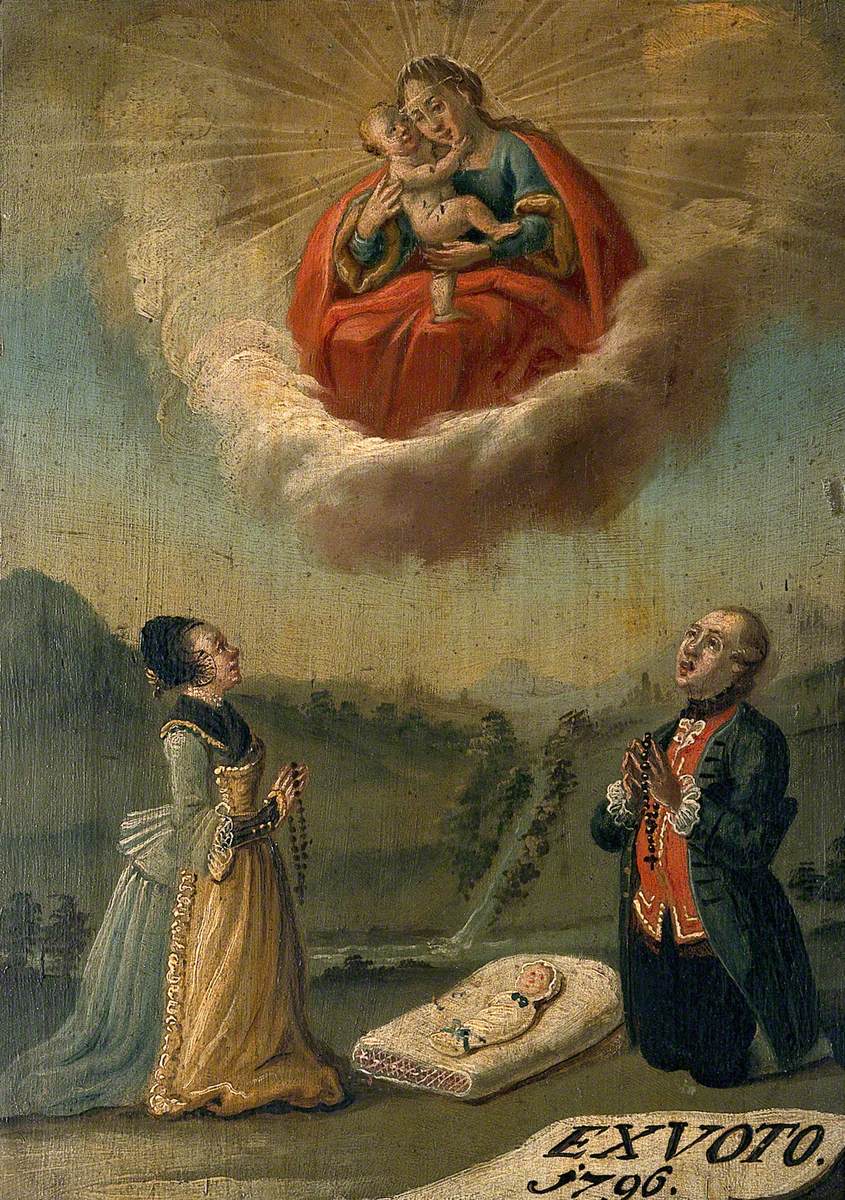 A Man and a Woman Praying to the Virgin and Child for the Life of Their Swaddled Baby