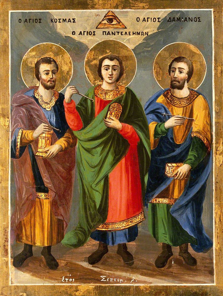 Icon with Saint Cosmas, Saint Panteleimon and Saint Damian