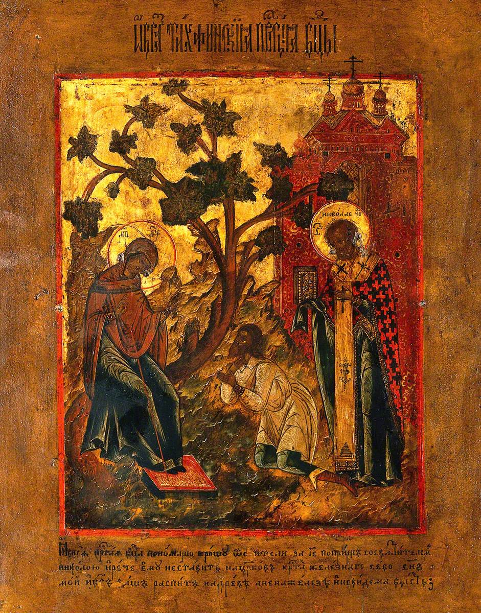 Icon with the Virgin of Tikhvin Instructing the Sexton Yurosh