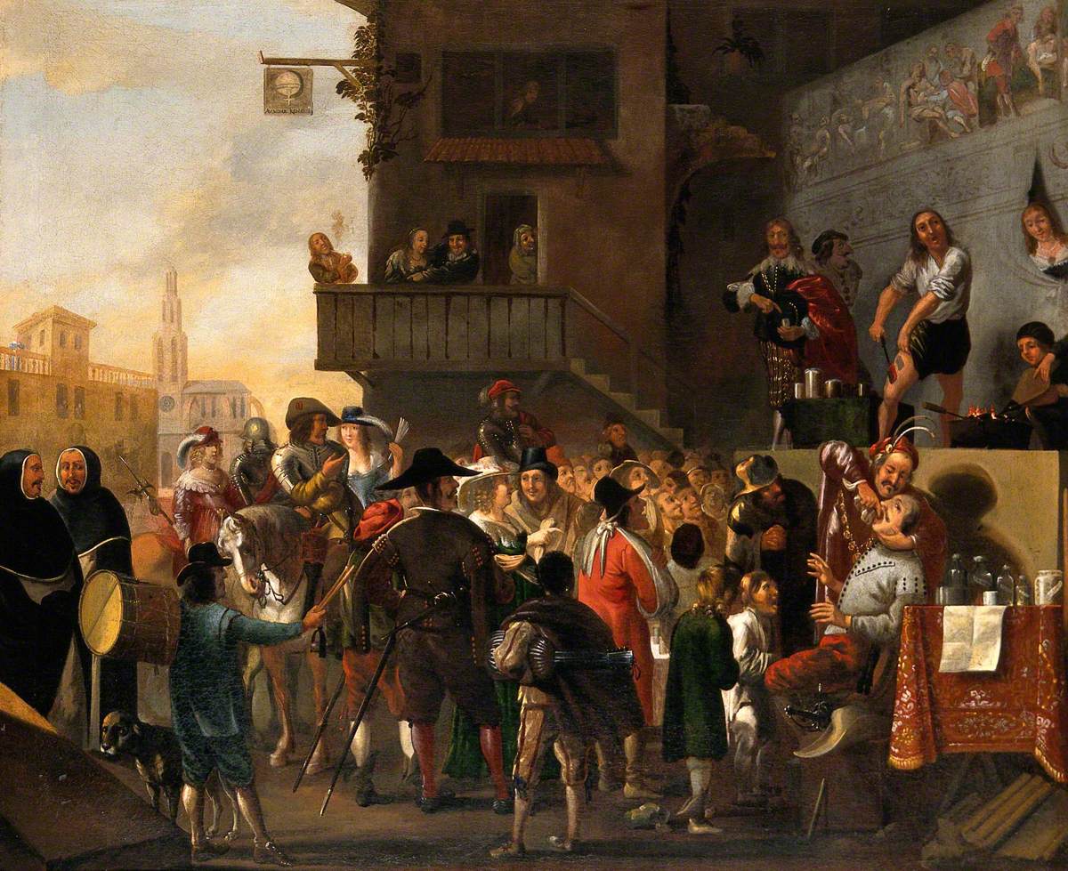 A Crowd Watching a Troupe of Quack-Doctors on a Stage Outside an Inn